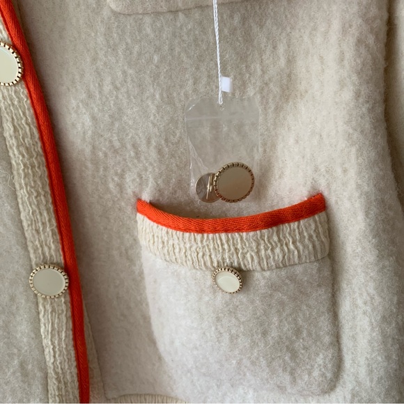 Pushbutton Boucle Cream With Orange Trim Snap Button Collarless Blazer Large - Picture 3 of 12